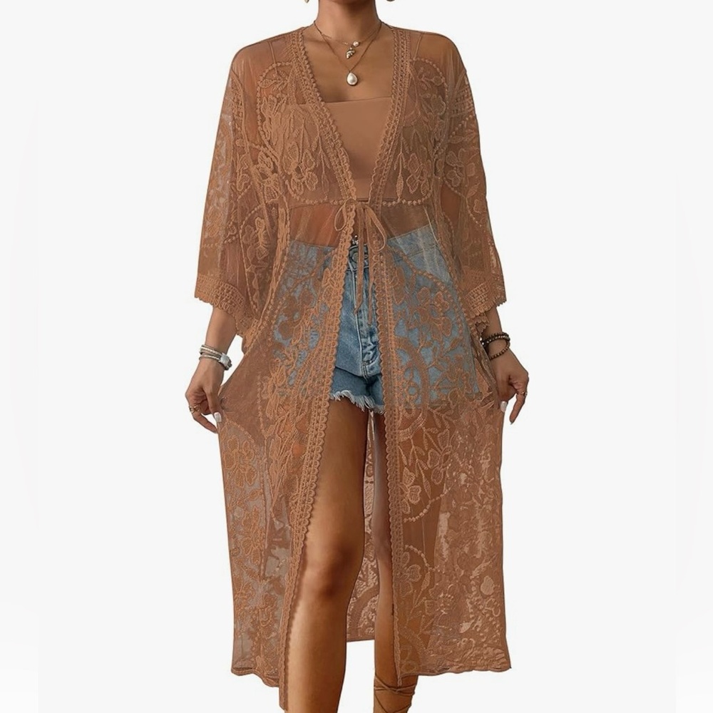 Sheer Lace Kimono Robe - Khaki - Picture 4 of 6